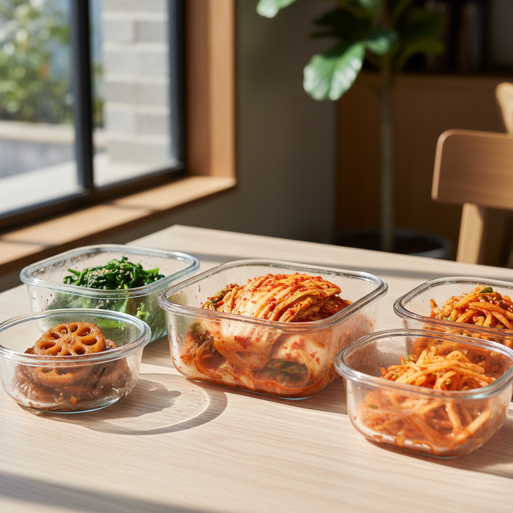 Close-up shot of assorted Korean side dishes like Kimchi and seasoned vegetables in neat transparent containers with vibrant colors and natural sunlight for professional food photography.