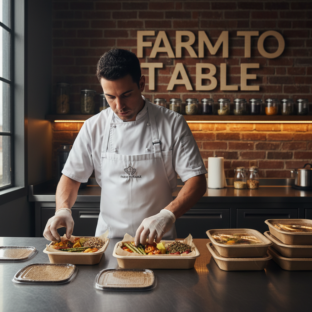 A professional chef in a clean white apron carefully arranging freshly prepared side dishes into eco-friendly packaging in a modern kitchen with cinematic lighting.