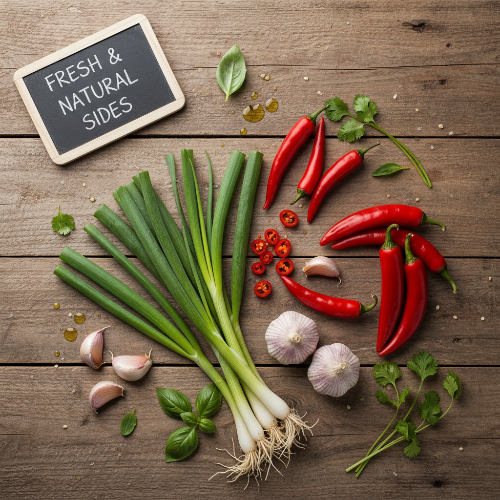 A flat lay of fresh organic ingredients including green scallions, red chili peppers, and garlic arranged on a rustic wooden table representing the freshness of the side dish shop.