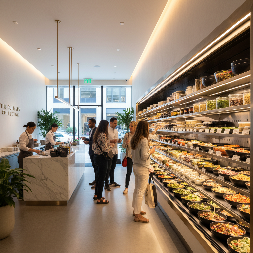 A wide-angle view of a stylish side dish store with customers browsing a large refrigerated display wall under soft ambient lighting and clean minimalist decor.