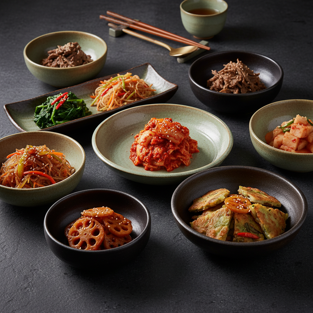 Beautifully plated traditional Korean banchan served in elegant ceramic bowls on a dark stone table with artistic composition and shallow depth of field.